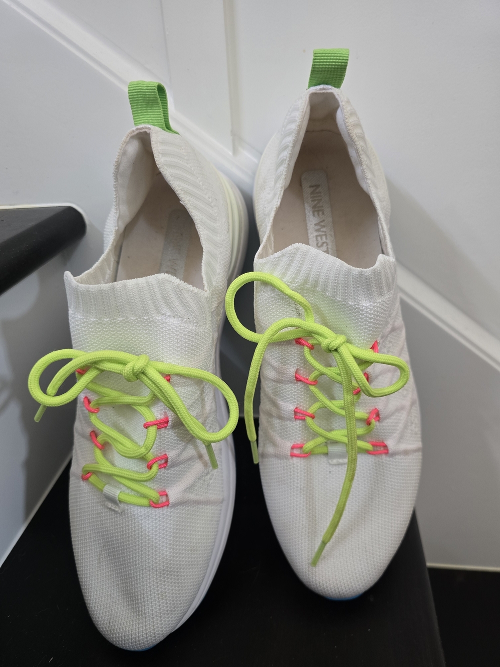 Nine West White Knit Slip-On Sneakers with Neon Green Laces and Pink Accents